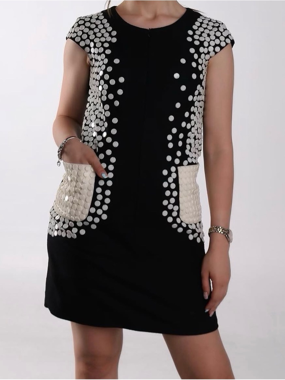 CHANEL Black Dress with White Dot Accents and Front Pockets